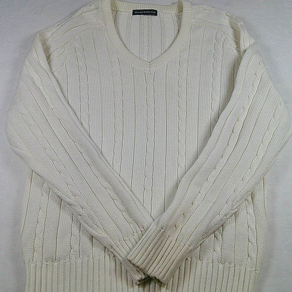 Brandy Melville Cream Cable Knit V-Neck Sweater Long Sleeve Pullover White